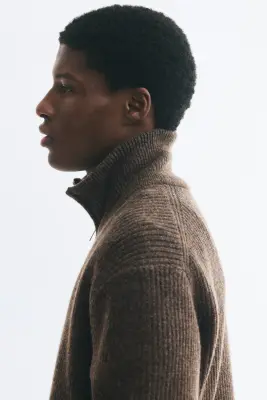 Gilet zippé Regular Fit en maille côtelée - Marron foncé chiné — photo 4