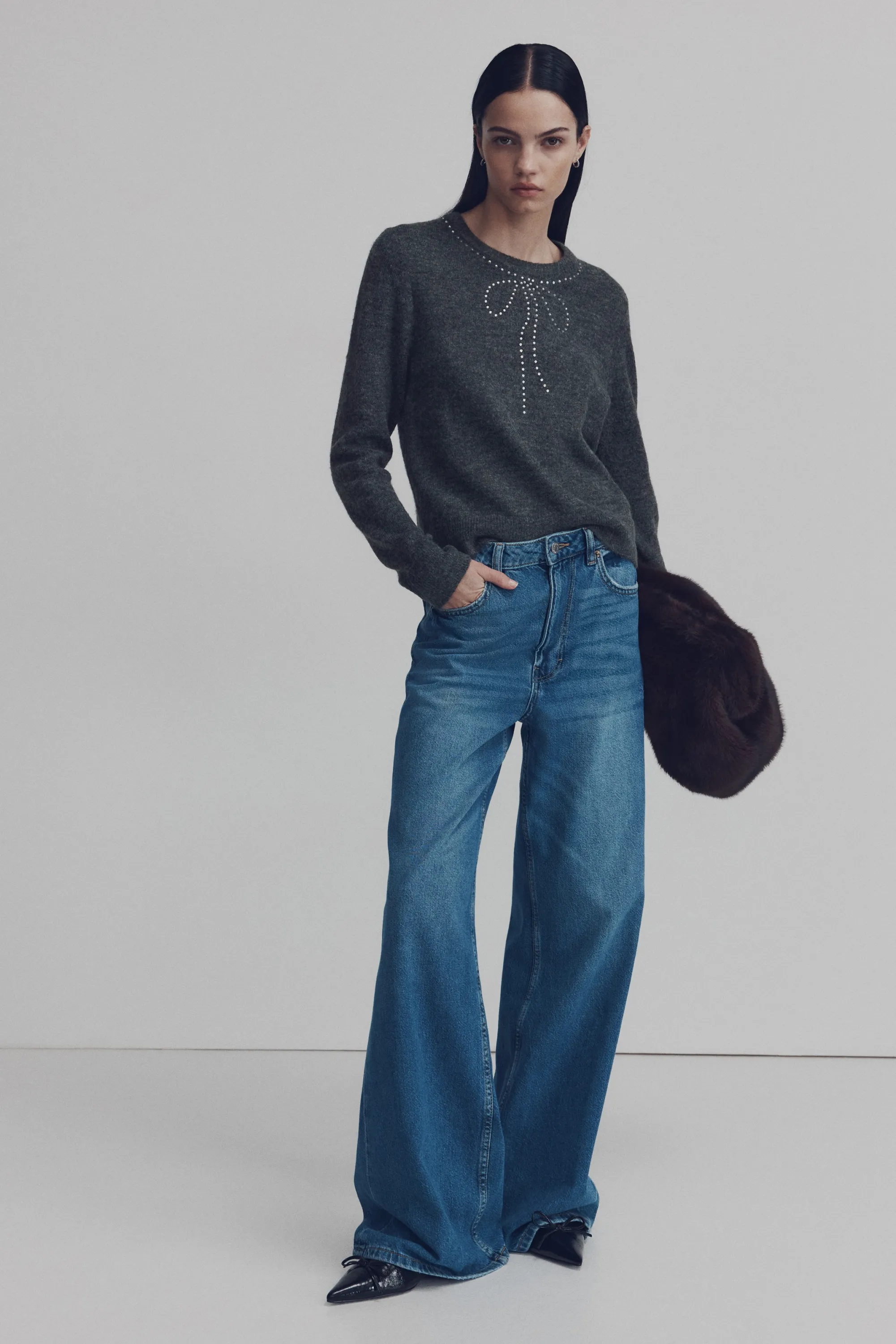 Pull ornementé - Gris foncé/nœud
