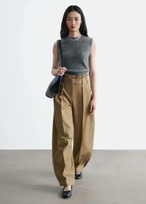 Pantalon plissé à taille haute froncée - Beige — photo 3