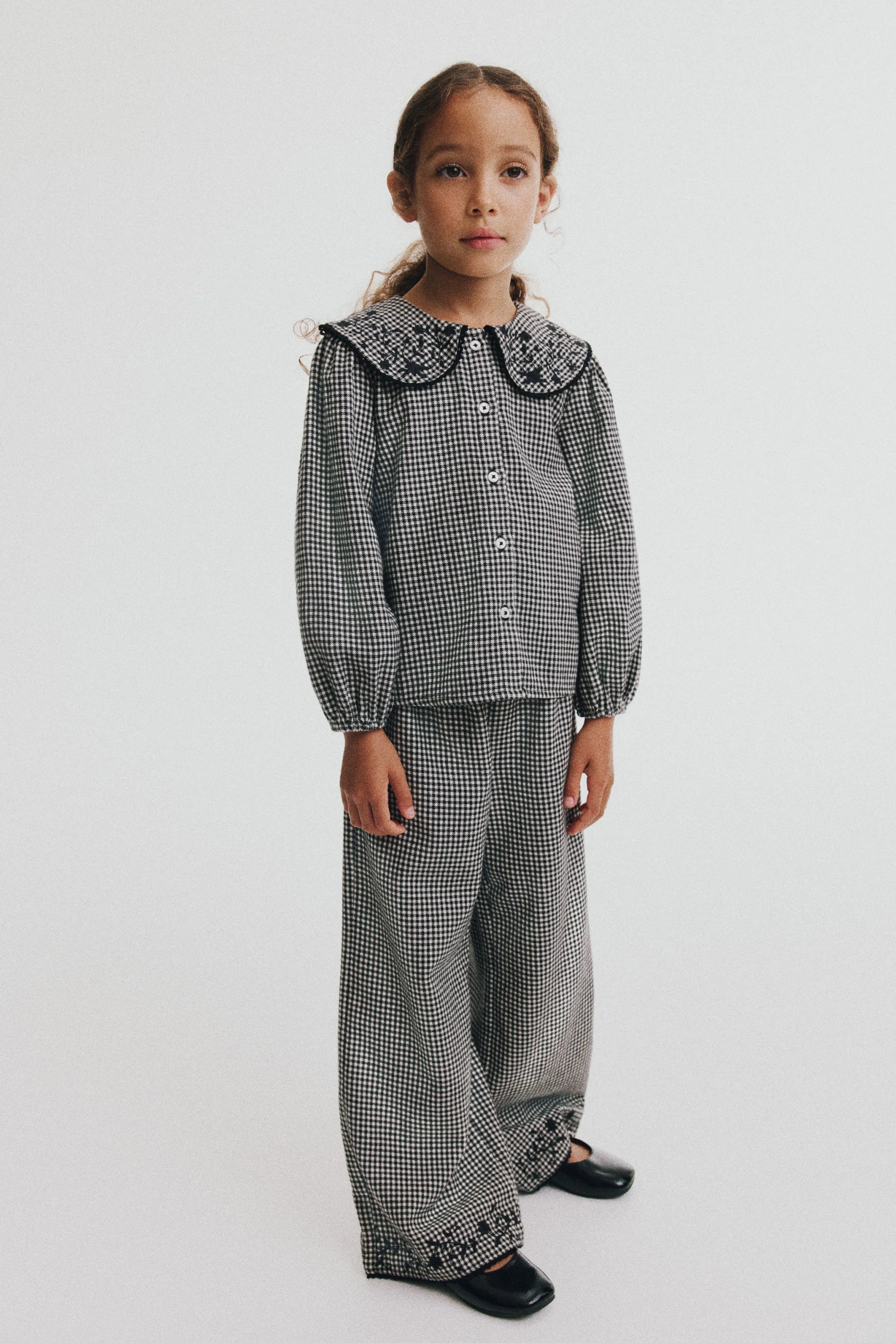 Blouse en coton avec détails brodés - Noir/motif pied-de-poule