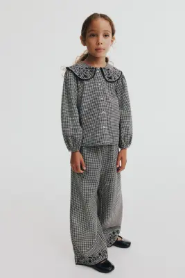 Blouse en coton avec détails brodés - Noir/motif pied-de-poule — photo 1