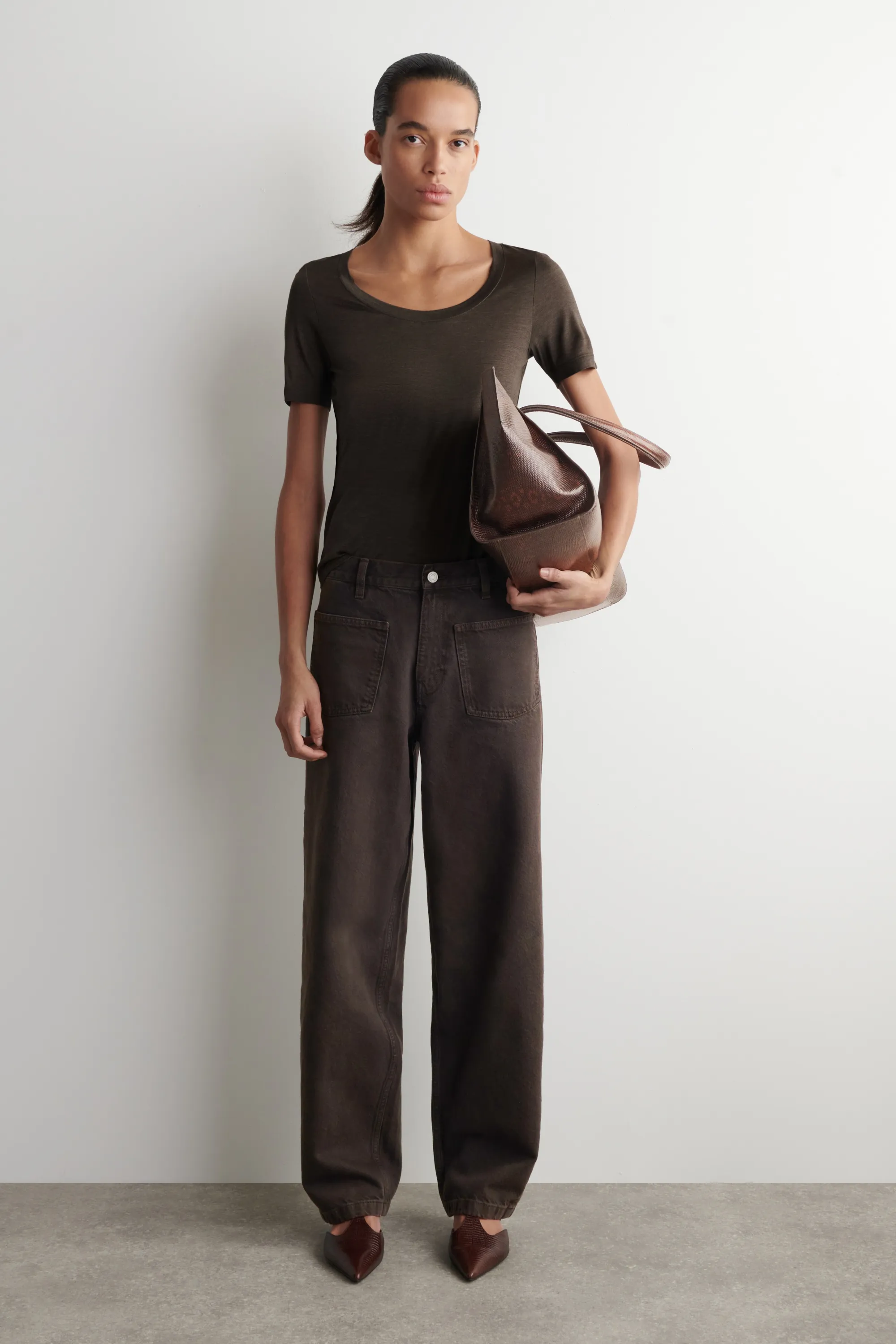 T-SHIRT SLIM EN SOIE - BRUN CHINÉ