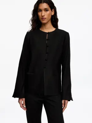 Blazer sans col en lin mélangé - Noir — photo 3