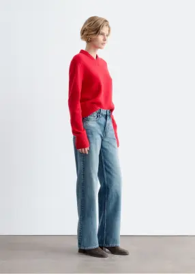 Pull à col en V côtelé - Rouge — photo 3