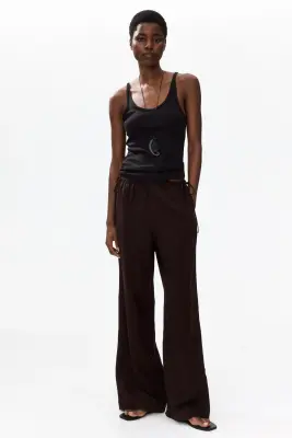 Pantalon à cordon en lin mélangé - Marron foncé — photo 2