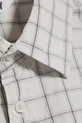 Chemise carrée à manches longues en popeline de coton - À carreaux beige cendré clair — photo 3