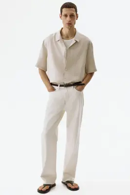 Chemise Relaxed Fit en lin avec col cubain - Beige clair — photo 1