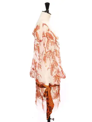 Robe en voile de soie et ceinture foulard imprimée d'oiseaux Phoenix orange et blanc Prix boutique 1700€ — photo 3