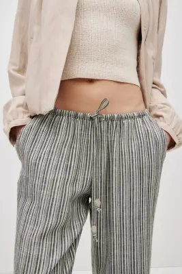 Pantalon en lin mélangé avec cordon de serrage - Noir/rayé — photo 2