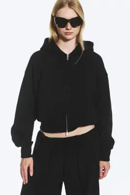 Sweat à capuche court et carré zippé - Noir — photo 1