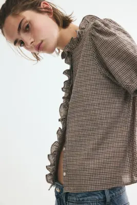 Blouse volantée en coton - Taupe clair/carreaux — photo 3