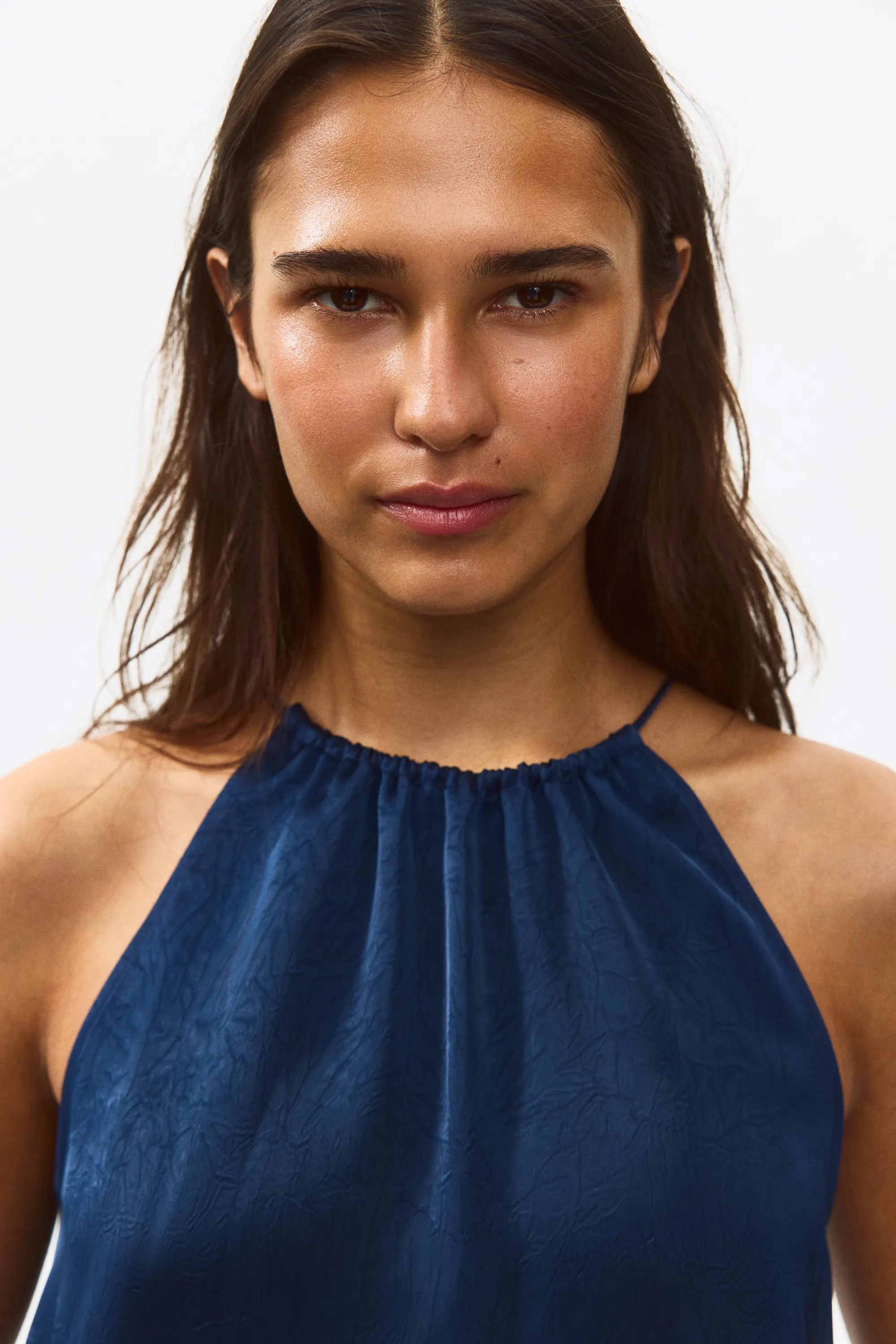 Top froissé en satin - Bleu marine