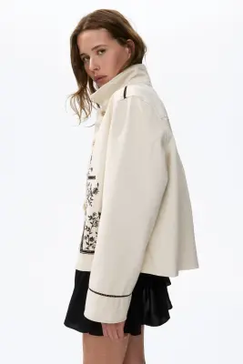 Veste en twill avec broderies - Beige clair/fleurs — photo 3