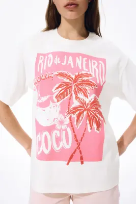 T-shirt oversize avec motif imprimé - Blanc/Coco — photo 1