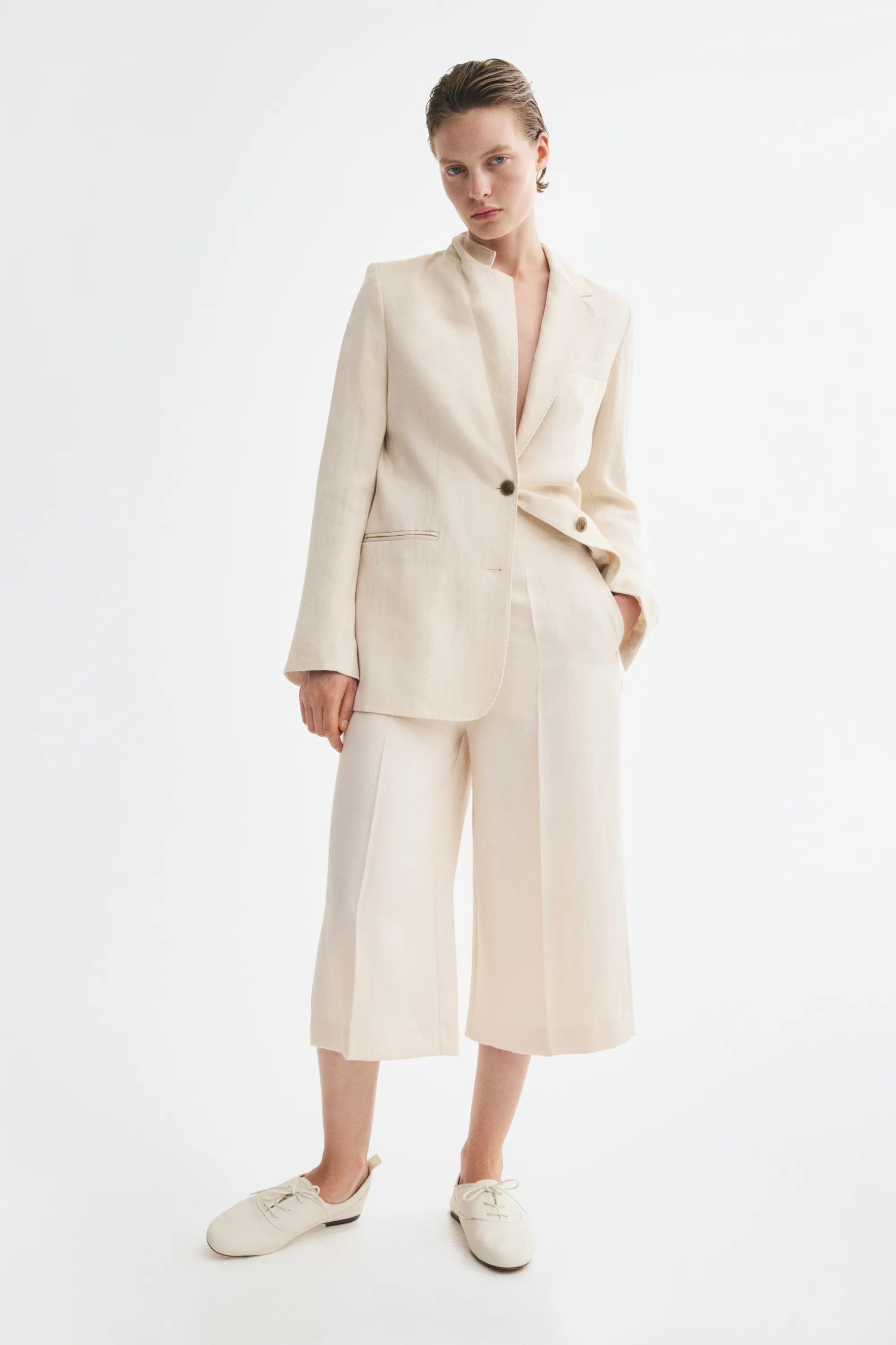 Jupe-culotte en twill avec boutons - Beige clair