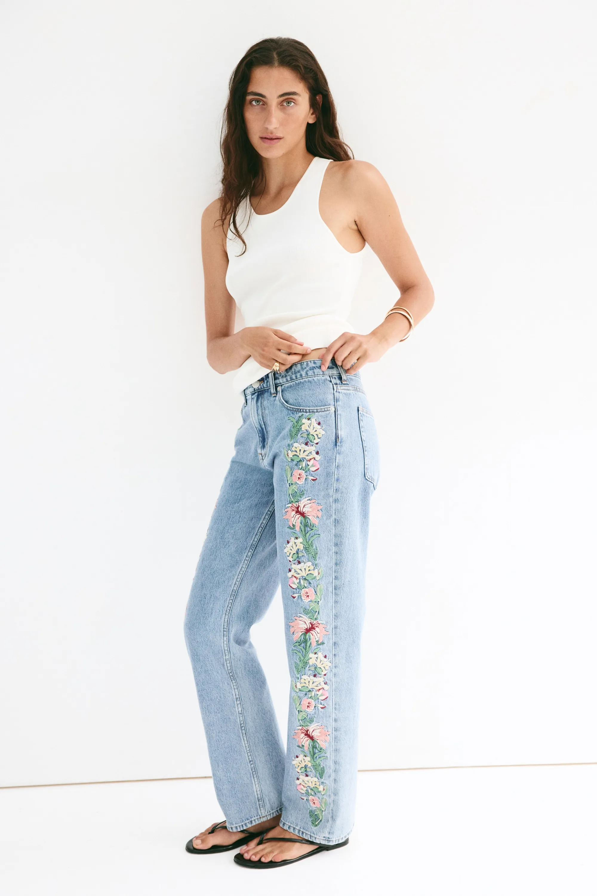 Straight Regular Waist Jeans - Bleu denim/fleuri