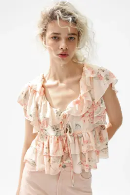 Blouse volantée avec liens à nouer - Rose clair/fleuri — photo 1