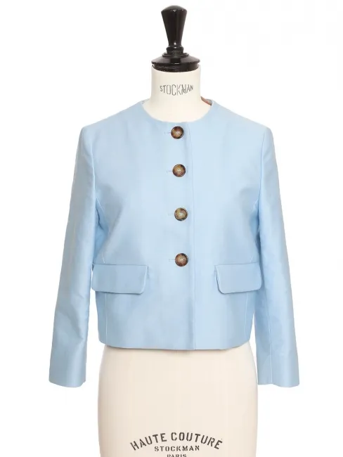 Veste courte bleu clair boutons écaille camel Est. Retail 2500€ Taille 34