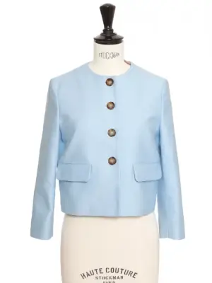 Veste courte bleu clair boutons écaille camel Est. Retail 2500€ Taille 34 — photo 1