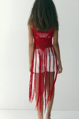 Top frangé en maille ajourée - Rouge — photo 4