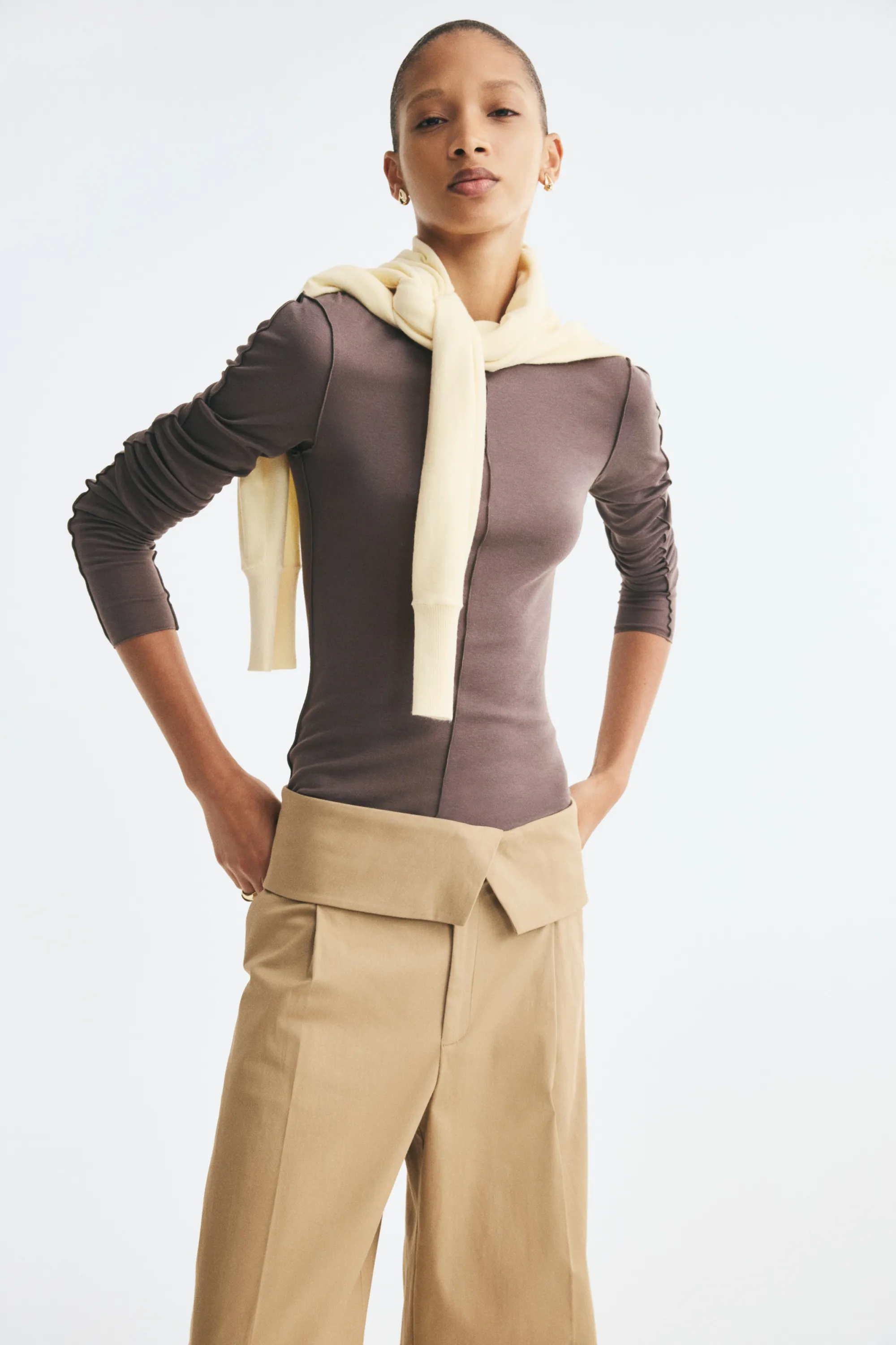 Pantalon en coton avec ceinture repliée - Beige