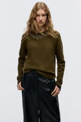 Pull ornementé - Vert kaki foncé — photo 1