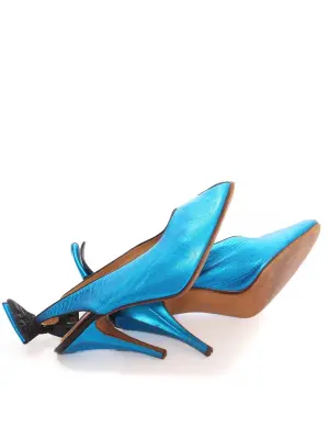 Escarpins slingback peep toe en cuir métallisé bleu et noir Taille 37 — photo 5
