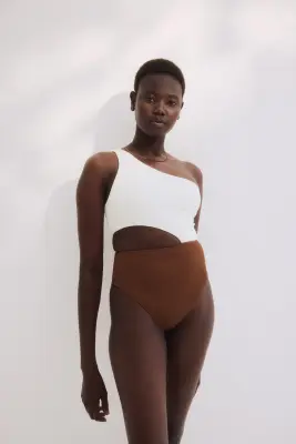 Maillot de bain asymétrique paddé High Leg - Blanc/marron — photo 2