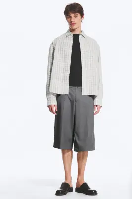 Chemise carrée à manches longues en popeline de coton - À carreaux beige cendré clair — photo 1