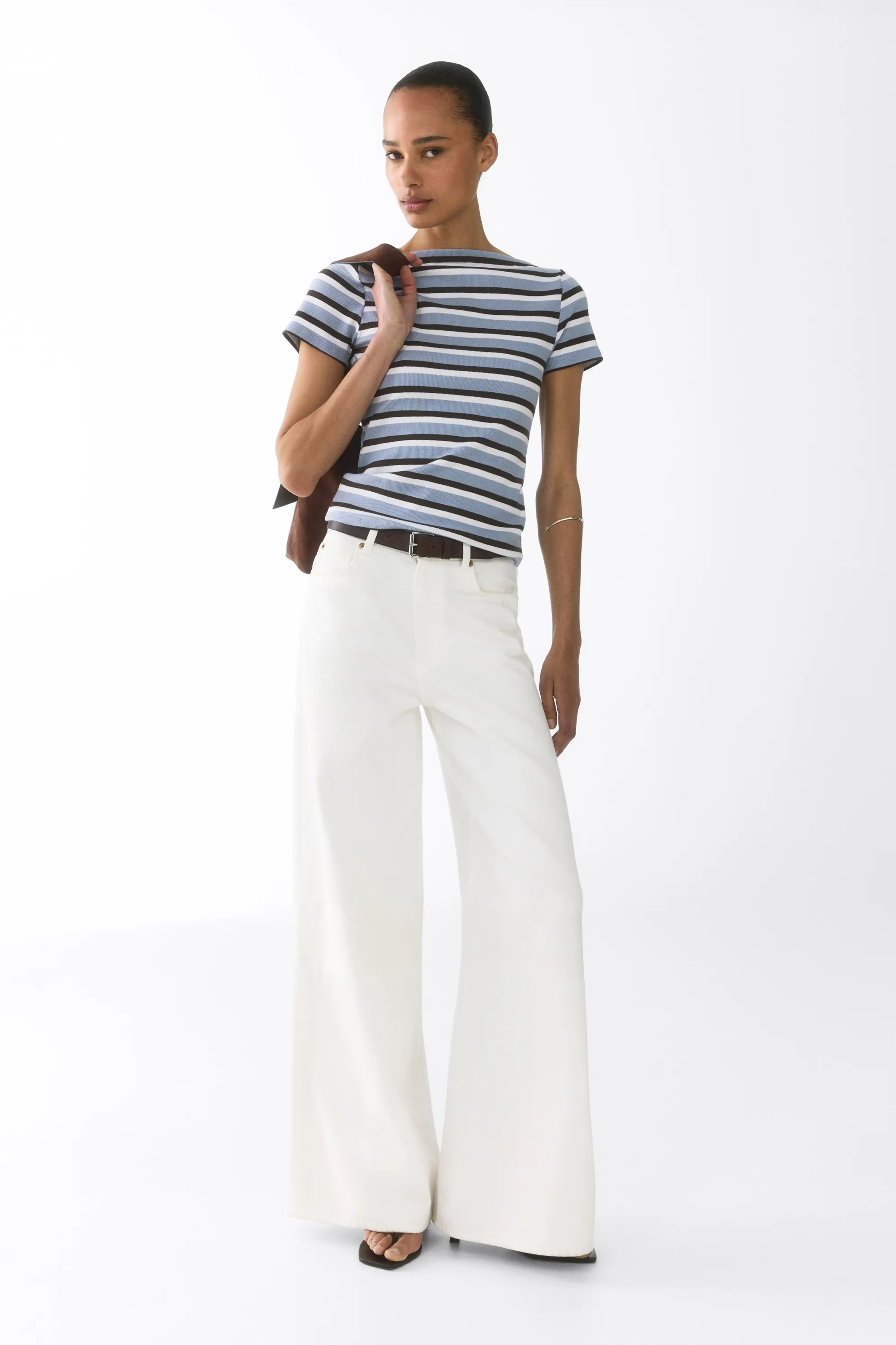 Top à encolure bateau en coton - Bleu clair/rayé