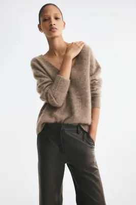 Pull en laine avec encolure en V - Beige ancien foncé — photo 2