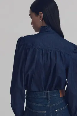 Blouse en denim avec col volanté - Bleu denim foncé — photo 3