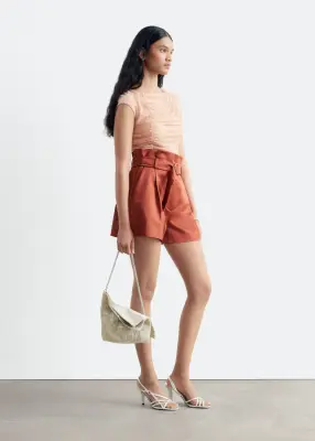 Short à taille haute froncée - Rouille — photo 4