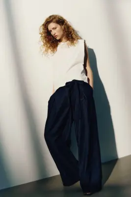 Pantalon en denim avec détail à nouer - Bleu denim foncé — photo 2