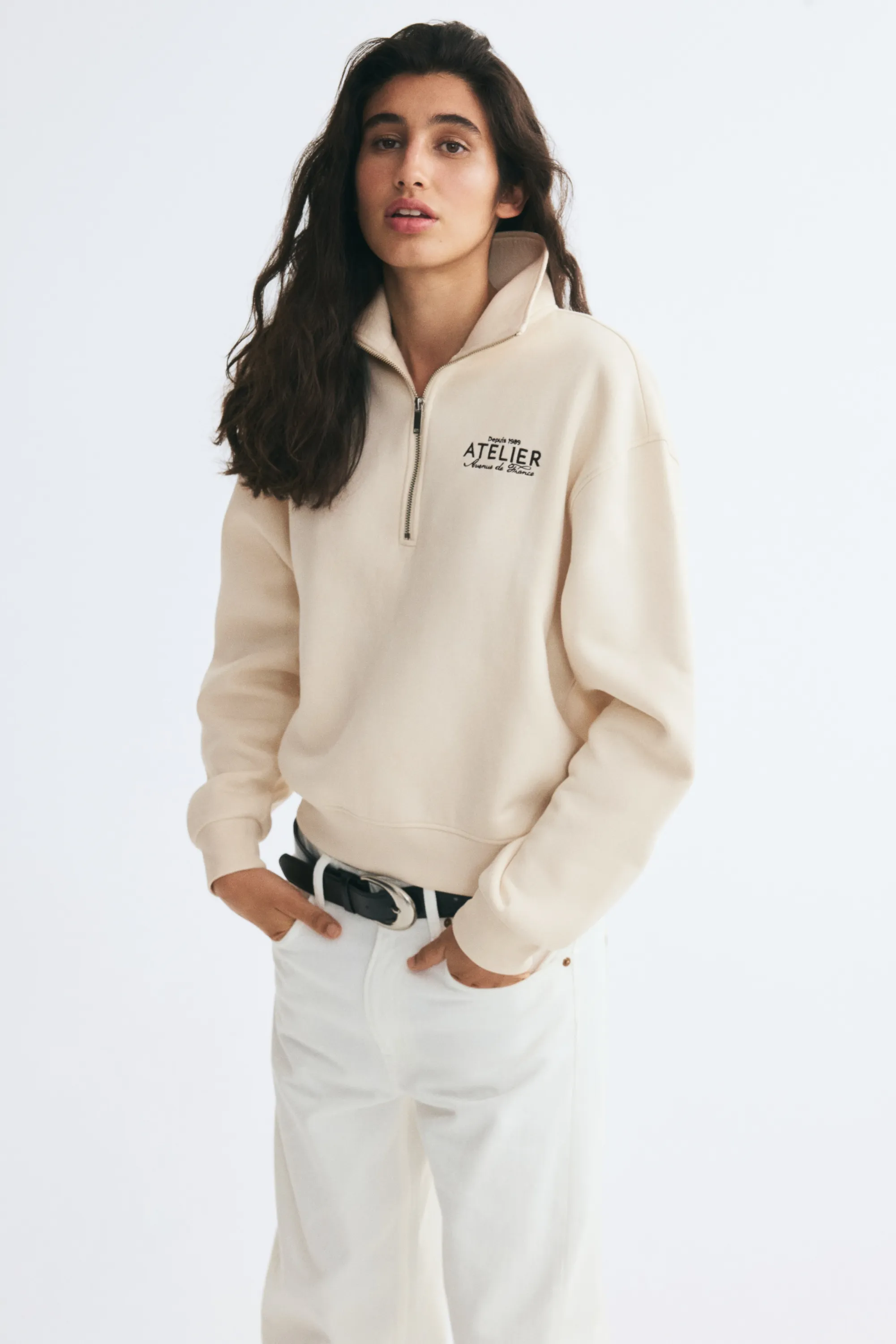 Sweat à col zippé - Beige clair/Atelier