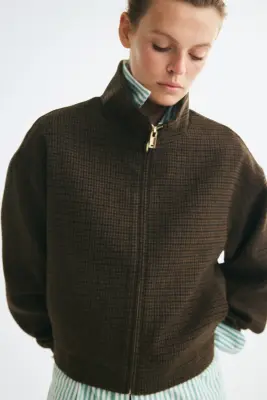 Veste à col droit en laine mélangée - Beige/motif pied-de-poule — photo 2