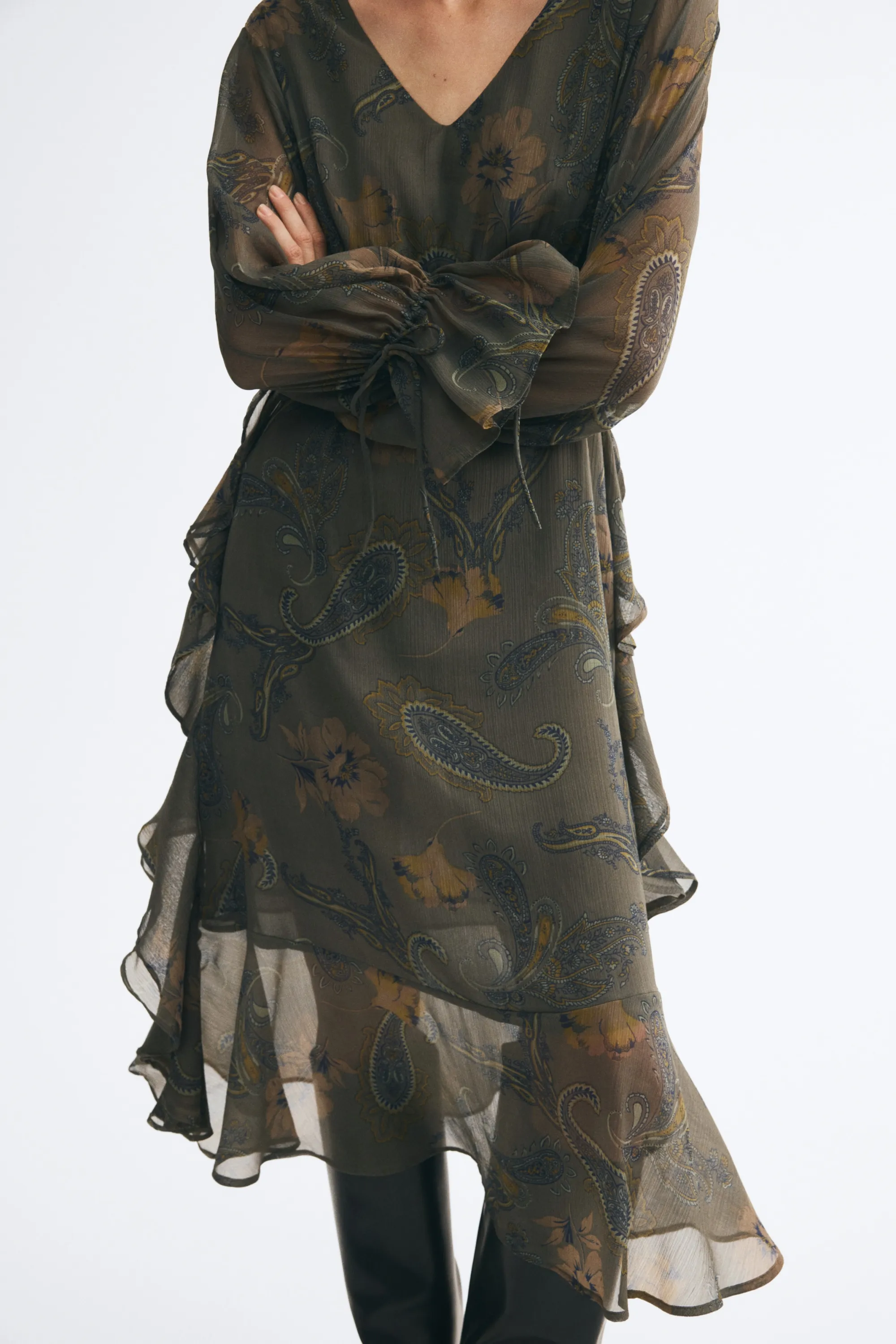 Robe volantée en mousseline - Vert ancien foncé/fleuri