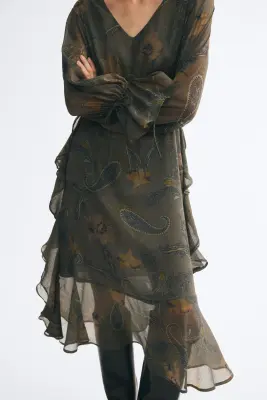 Robe volantée en mousseline - Vert ancien foncé/fleuri — photo 1
