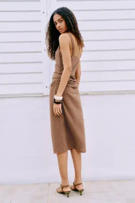 Robe découpée en lin mélangé - Beige foncé — photo 3