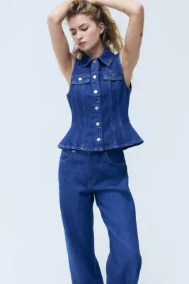 Gilet péplum sans manches en denim - Bleu denim — photo 2
