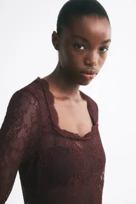 Robe en dentelle avec encolure carrée - Marron foncé — photo 1