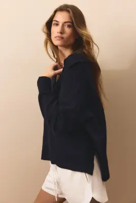 Pull en maille fine avec col - Bleu marine — photo 4