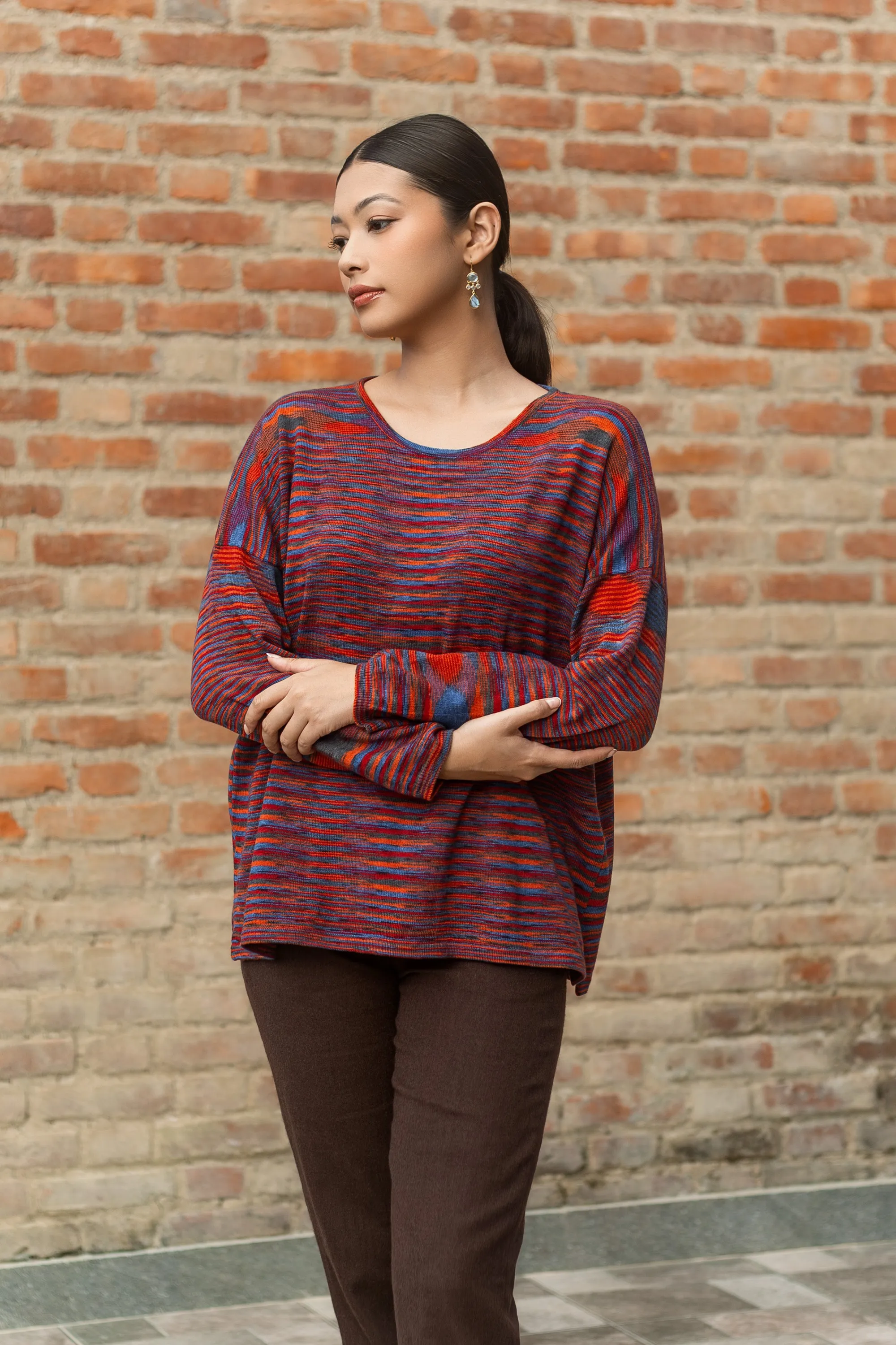 Pull ample en mérinos - rouge multicolore