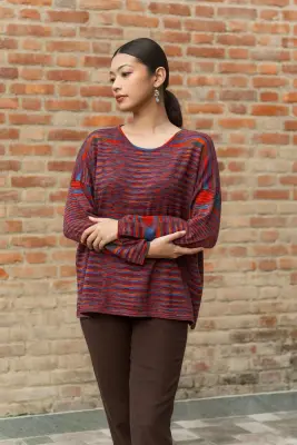 Pull ample en mérinos - rouge multicolore