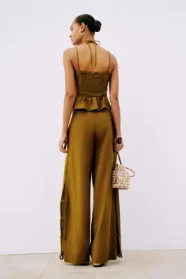 Pantalon en lin mélangé avec ouvertures - Vert olive — photo 3
