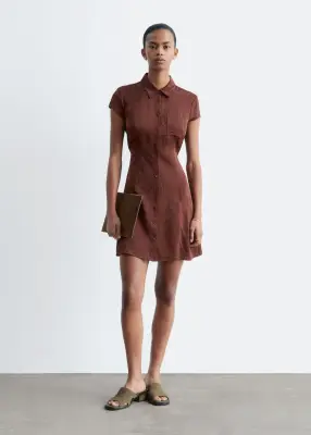 Robe-chemise courte en jacquard - Marron foncé — photo 3