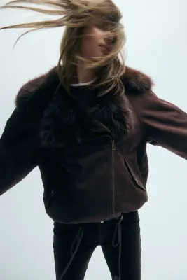 Veste en twill avec col duveteux - Marron foncé — photo 2