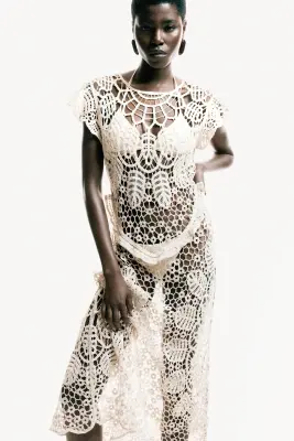 Robe façon crochet avec manches volantées - Crème — photo 2