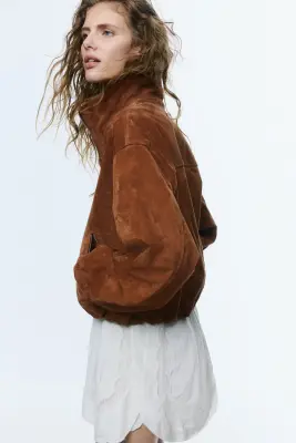 Veste oversize en cuir velours fendu - Marron — photo 4