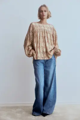 Blouse oversize en tissu jacquard - Beige/motif — photo 2